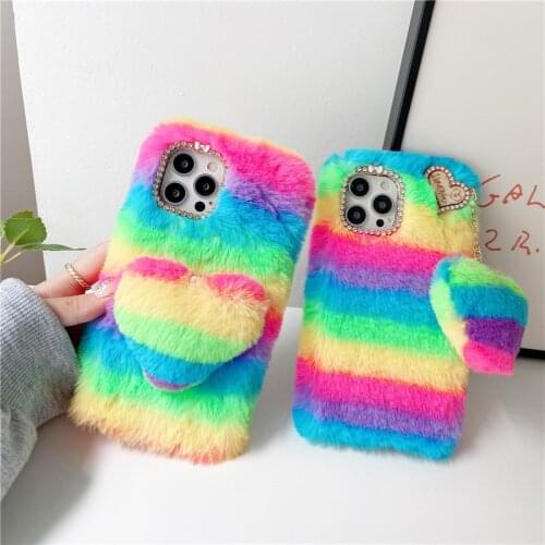 Plush Fur Rainbow Stripe Phone Case For Oneplus 9 8 7 6 5 3 Luxury Diamond Heart Soft Cover for One Plus Nord N10 9R 8T 7T 6T 5T