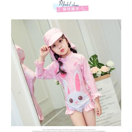 2019 New childrens swimsuit one-piece girls swimsuit long sleeve powder sunscreen hat swimsuit