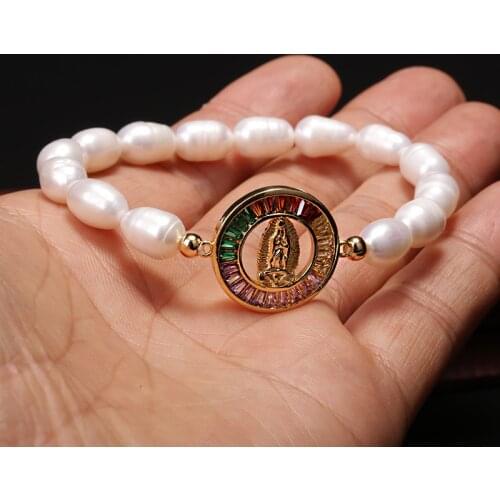 New Fashion Letter Charm Natural Freshwater Pearl stretch Bracelet Rainbow CZ Virgin Mary Strand for Girl/women Couple Jewel