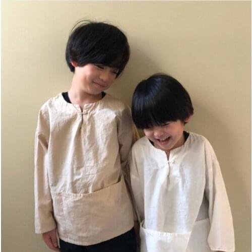 Japanese and Korean autumn new products childrens cotton and hemp paste front pocket oversize versatile long sleeve T-shirt