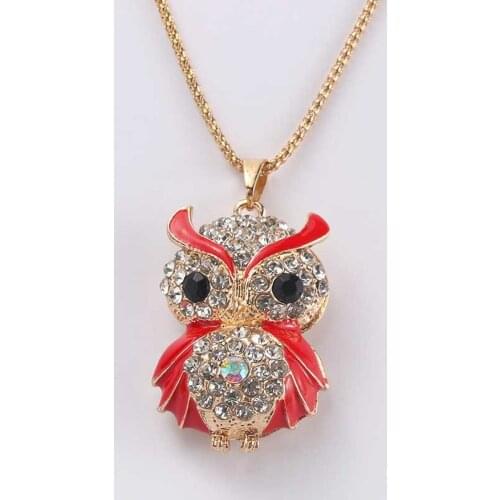 New Brand Red Owl Necklace Crystal Rhinestone Long Necklace Pendant for Womens Glamour Party Gift Jewelry
