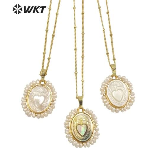 WT-JN155 Wholesale newest design American Super hot handmade pearl wire wrapped Christian Saint Mother of God Heart necklace