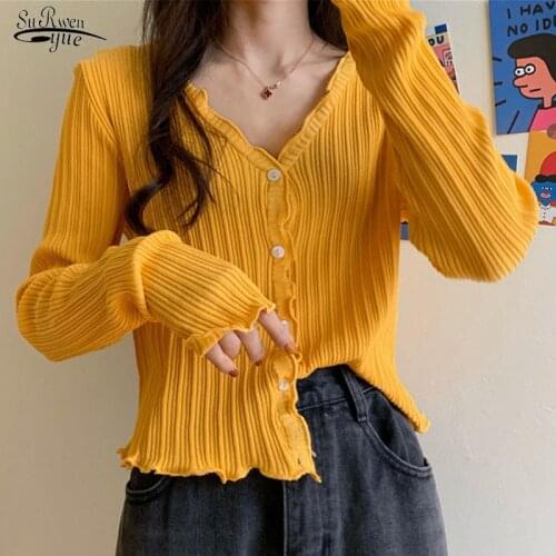 2020 Autumn Long Sleeve V-neck Sweater Women Slim Cotton Korean Sweater Sweet Thin Sunscreen Cardigan Office Lady Clothes 10554