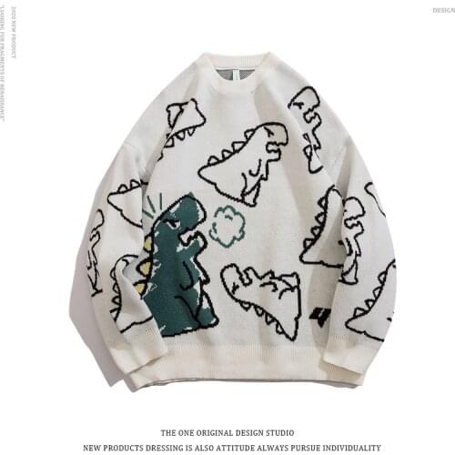 Fall Women Casual Sweaters O-neck Oversize Harajuku Knitted Hip Hop Sweater Streetwear Fashion Couple Dinosaur Cartoon Pullover