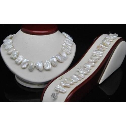 Selling Jewelry>>>AAA Natural Shape White Biwa Pearl Necklace Bracelet Set