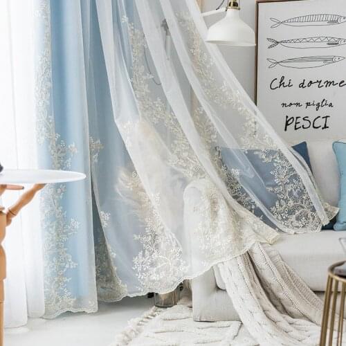 Korean Style Embroidered Sheer Curtain Window Tulle for Living Room Girls Bedroom Windows Treatment Light Grey & Blue Curtains