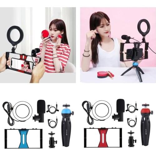 Live Broadcast Vlog Smartphone Video Rig + Microphone + Ring LED Selfie Light Mini Tripod Mount Kits with Cold Shoe Tripod Head