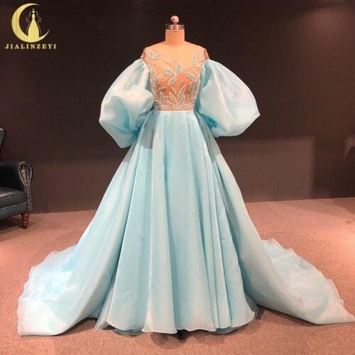 Rhine Real Luxurious Big Sleeves Blue Organza Beads A-line Evening Dress Long вечернее платье 2021