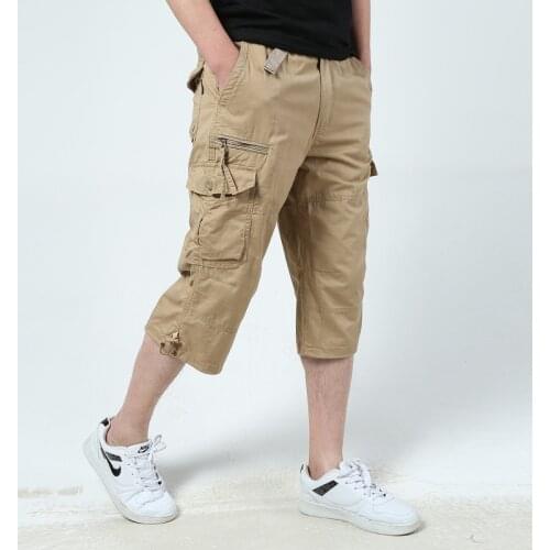 Long Length Cargo Shorts Men 2021 Summer Knee Multi Pocket Casual Cotton Elastic Waist Bermudas Male Military Style Hot Breeches