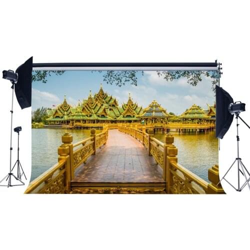 Thailand Landscape Backdrop Luxurious Golden Pavilion Building Backdrops Wood Bridge Photography Background