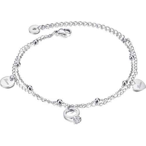Stainless Steel Anklet Women Pendant Heart Round Cubic Zirconia Beads Chain Ankle Bracelet Sandals Summer Foot Jewelry Girl Gift