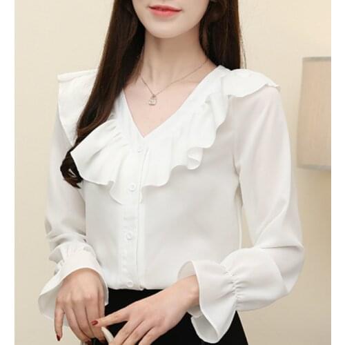 Womens Tops And Blouses Long Sleeve Ruffles V-neck Chiffon Blouse Women Tops Blouses Woman 2021 White Blouse Ladies Tops C290