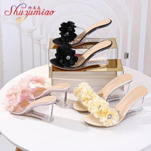 Sexy Wedges Slippers Hot Female High-Heel 8CM Flower Diamond Cool Sandals Women Summer Easy Matching Transparent Crystal Shoes