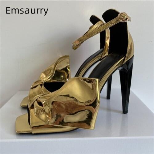Unique Side Big Bowknot Sandals For Girls Women Novelty Spike Heel Square Open Toe Ankle Strap Patent Leather Summer Sandalias
