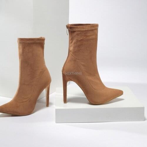 Spring Fashion Women Boots Beige Pointed Toe Elastic Ankle Boots Heels Shoes Autumn Winter Comfort Stretch Female Socks Boots