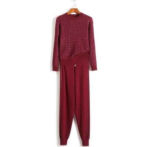 2019 Hot Sale Limited Wool Cashmere Bamboo Fiber Full Woman Knitted Suit Fashion Thread Braided Sweater And Pants Two Piece Set