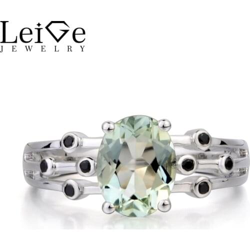 Leige Jewelry Natural Green Amethyst Ring Promise Ring Oval Cut Green Gemstone Ring 925 Sterling Silver Ring Gifts for Girls