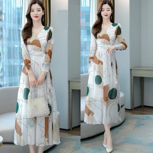 2021 Autumn Long Sleeve Printed Chiffon Dress V-neck Robe Femme Plus Size 3xl Women Dresses Vestidos Elegantes