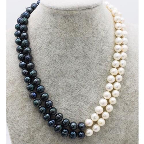 2ROWS freshwater pearl WHITE and black NEAR ROUND 9-10MM necklace 17-18inch FPPJ wholesale beads nature