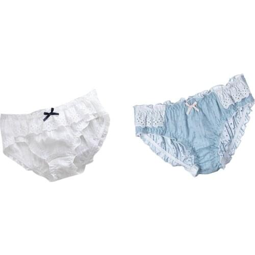 2 Pcs Fashion Ladies Sexy Panties Cotton Panties Retro Embroidery Lace Low Waist Panties L White & Blue