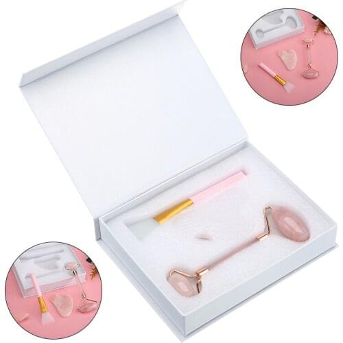 3pcs/set Rose Quartz Jade Roller Facial Massager Gua Sha Mask Brush Face Skin Care Scraping Tool Anti-aging Anti-wrinkles Line