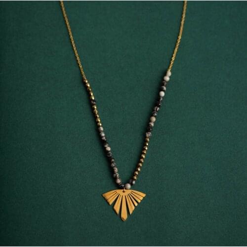 Natural Stone Beads, Gold Leaf, Sweater Chain, Stainless Steel Geometric Pendant Handmade Necklace Jewelry