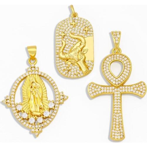 OCESRIO Brass OX Bull Necklace Charms Wholesale Gold CZ Virgin Mary Cross Pendant Charms for Jewelry Making pdta203