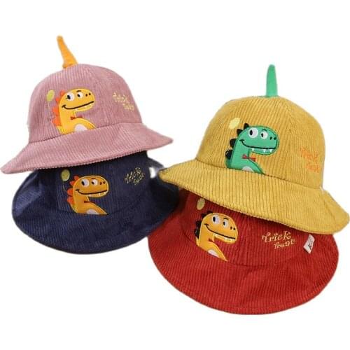 Doitbest Autumn baby kids Bucket Hats Winter Corduroy cute dinosaur Sun Cap Babys Boy Girls Outdoor Beach Fisherman Hat