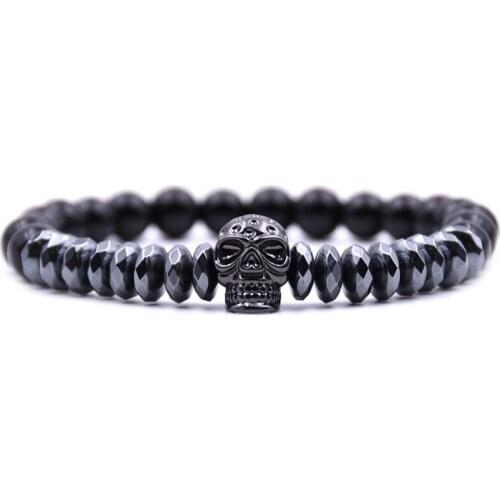 DOKOL Natural Stone Beads Bracelets Elasticity Rope Skull Strand Bracelet Gem Black Onyx Bracelet For Mens DKB0105