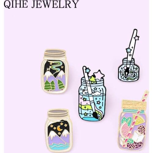 Drink Bottle Enamel Pin Mountain Star Moon Water Brooches for Women Men Funny Cup Badge Backpack Lapel Pins Jewelry Wholesale