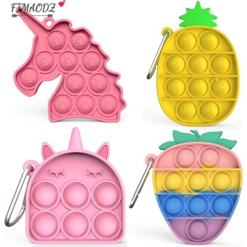 FIMAODZ Push Toy Keychain Push Bubble Fidget Sensory Toys Pineapple Unicorn Strawberry Ice Cream Key Chain Ring Stress Reliever