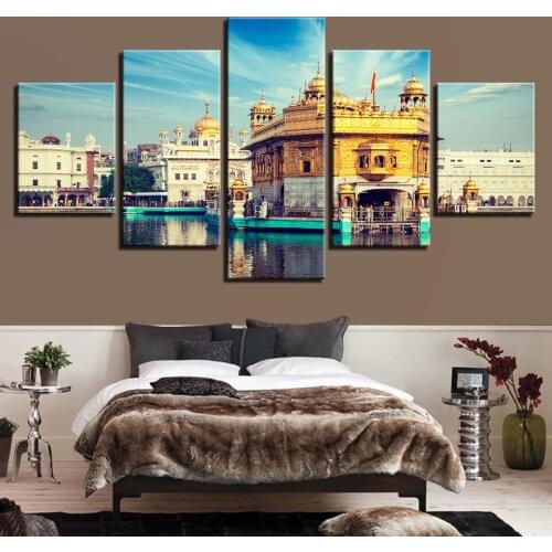 HD Prints Pictures Home Decor 5 Pieces Blue Sky Golden Temple Landscape Paintings Wall Art Canvas Posters Living Room
