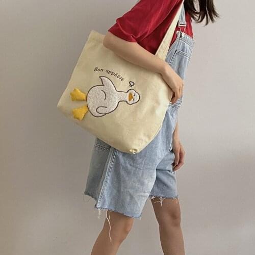 Ins Duck Embroidery Canvas Bag 2021 New Soft Cute Duckling Bag Women Shoulder Bag