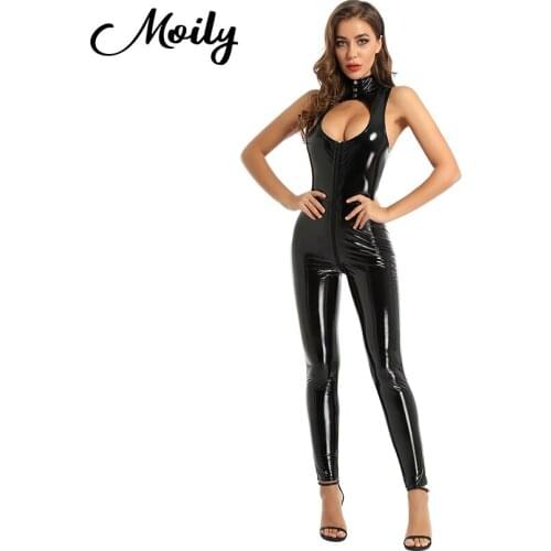 Sexy Bodysuits Jumpsuits PVC Leather Catsuit One-piece Sexy Hot Erotic Costumes Clubwear Sleeveless Zipper Open Crotch Body Suit