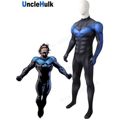 Nightwing Muscle Cosplay Costume Black and Blue Spandex Bodysuit - with Silk Floss Muscle | UncleHulk