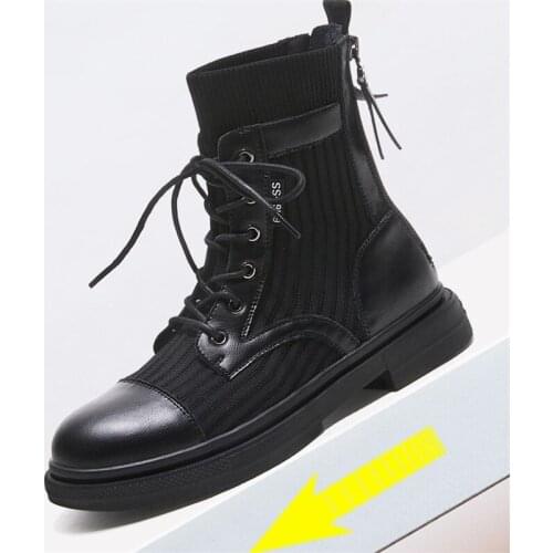 Genuine Leather + Crochet Fashion Women Boots Casual Ankle Boot Military Combat Chelsea Lace Up Cowboy Shoes