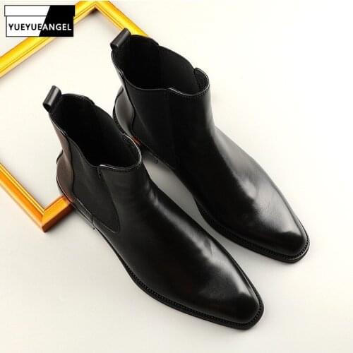 England Style High-Top Slip-On Mens Genuine Leather Chelsea Boots Natural Cowhide Pointed Toe Vintage Winter Warm Ankle Boot