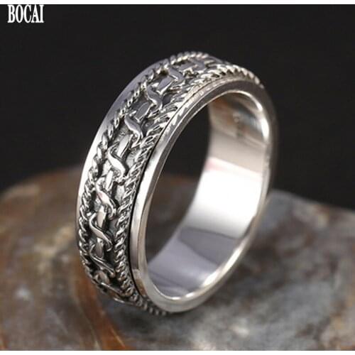 BOCAI New Real S925 sterling silver jewelry vintage Thai silver good luck turning hemp pattern man ring