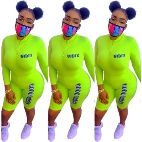 Neon Green Letter Two Piece Tracksuit Outfit For Women Stand Collar Zippers Long Sleeve And 2 Piece Catsuit Shorts MA3116