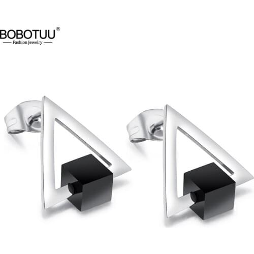 BOBOTUU New Rotating Black Square Triangle Earrings Jewelry Titanium Steel Anti-allergic Earrings For Women Oorbellen BE17081