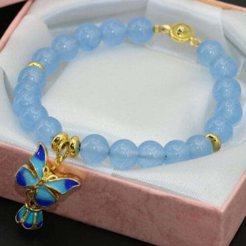 Original design blue jades chalcedony stone jades round beads 8mm clasp bracelets new fashion cloisonne jewelry 7.5inch B2738