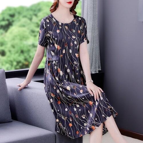 Women Summer Casual Print 4XL Plus Size Dress Vintage Satin Mulberry Silk Beach Midi Sundress 2021 Elegant Bodycon Party Vestido