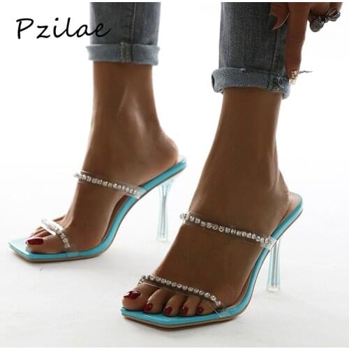 Pzilae New Rhinestone Clear Sandals Women Transparent Crystal Heel Sandals Square Open Toe High Heels Ladies Shoes Size 35-40