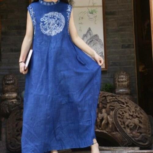 Folk Luxury Handmade Plant Dyeing Maxi Long Dress Vintage Sleeveless Summer Loose Fit 100% Cotton Dress Casual Tank Gown Dresses