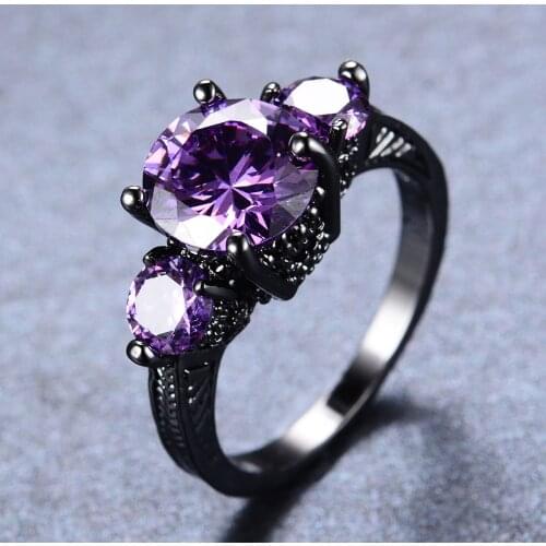 Luxury Female Purple Crystal Stone Jewelry Trendy 14KT Black Gold Wedding Rings For Women Dainty Round Zircon Engagement Ring