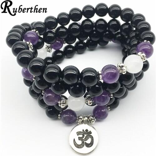 Ruberthen 2018 Fashion Women Bracelets Vintage Design Ohm Charm Bracelet Black Onyx Purple Crystal Yoga Bracelet Beaded Jewelry