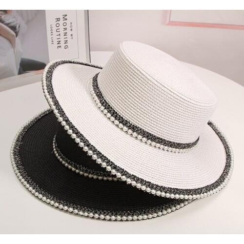 Womens Summer Hat Sun Hats Straw Hat Pearl Lace Black White Beach Travel Sun Protection Cap Female Flat Top Fashion Elegant
