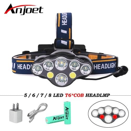 Anjoet 8 Modes COB LED Headlamp 5/6/7/8 LED XML-T6 Headlight usb lamp for Camping Flash torch+2*18650 battery+usb cable+charger