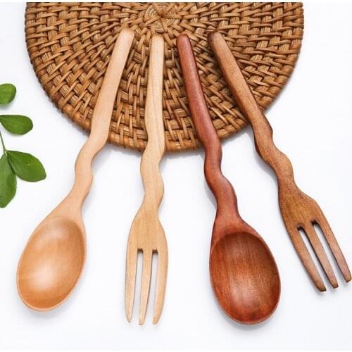 Wavy Shape Wooden Handle Tea Spoon Solid Wood Fork Dessert Restaurant Wooden Soup Spoon Tableware Fork
