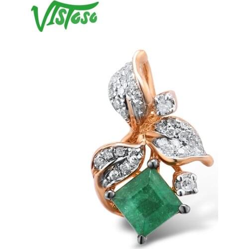 VISTOSO Gold Pendants For Women Authentic 14K 585 Rose Gold Leaves Magic Emerald Sparkling Diamond Pendant Elegant Fine Jewelry